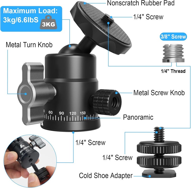 ailight Mini Ball Head, 360° Panoramic Tripod Head, Universal 1/4" to 3/8" Screw Adapter Swivel Mini Ball Head Screw Tripod Mount, Dual Cold Shoe Mount for DSLR Cameras Camcorder（2 Pack - Image 5